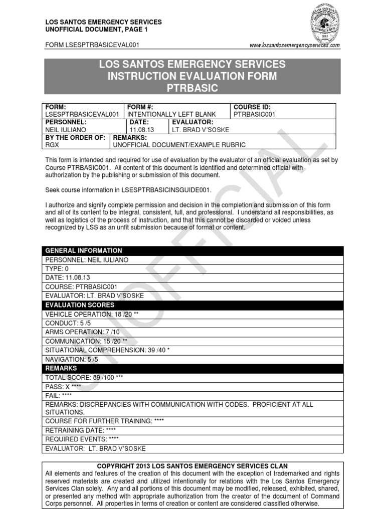 Los Santos Emergency Services Instruction Evaluation Form Ptrbasic ...