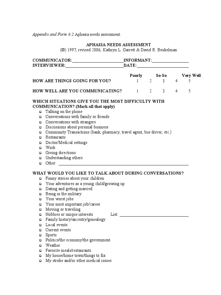 Afasia - Avaliação Questionário APHASIA NEEDS ASSESSMENT | PDF