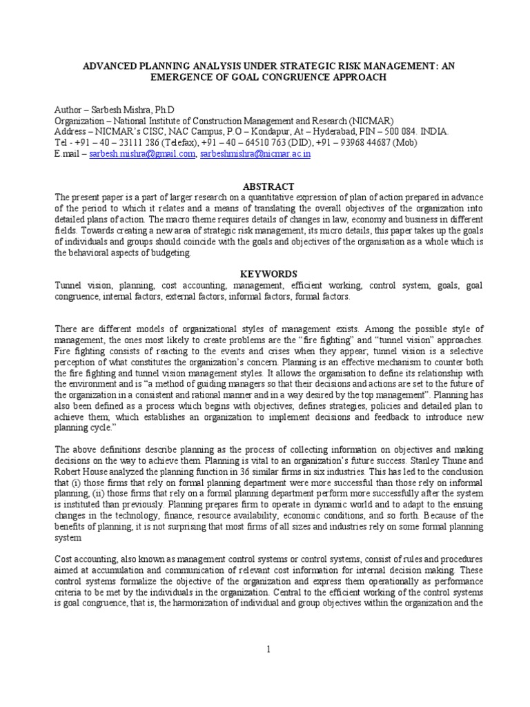 Goal Congruence Approach under Advnced Strategic Planning