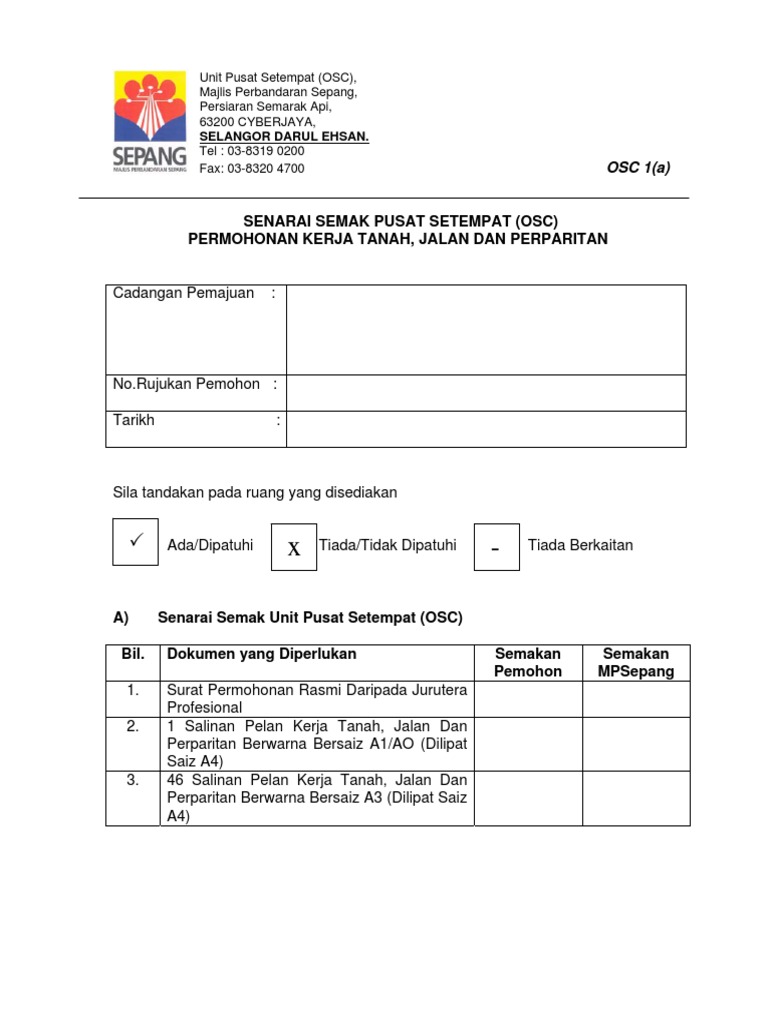 Borang Senarai Semak Pusat Setempat Osc Permohonan Kerja Tanah Jalan Dan Perparitan Osc 1 A Pdf