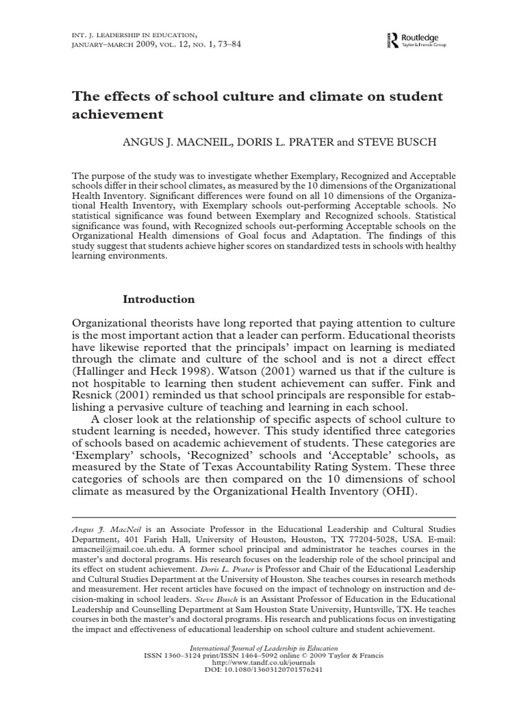School Culture Climate & Achievement | PDF | Goal | Leadership