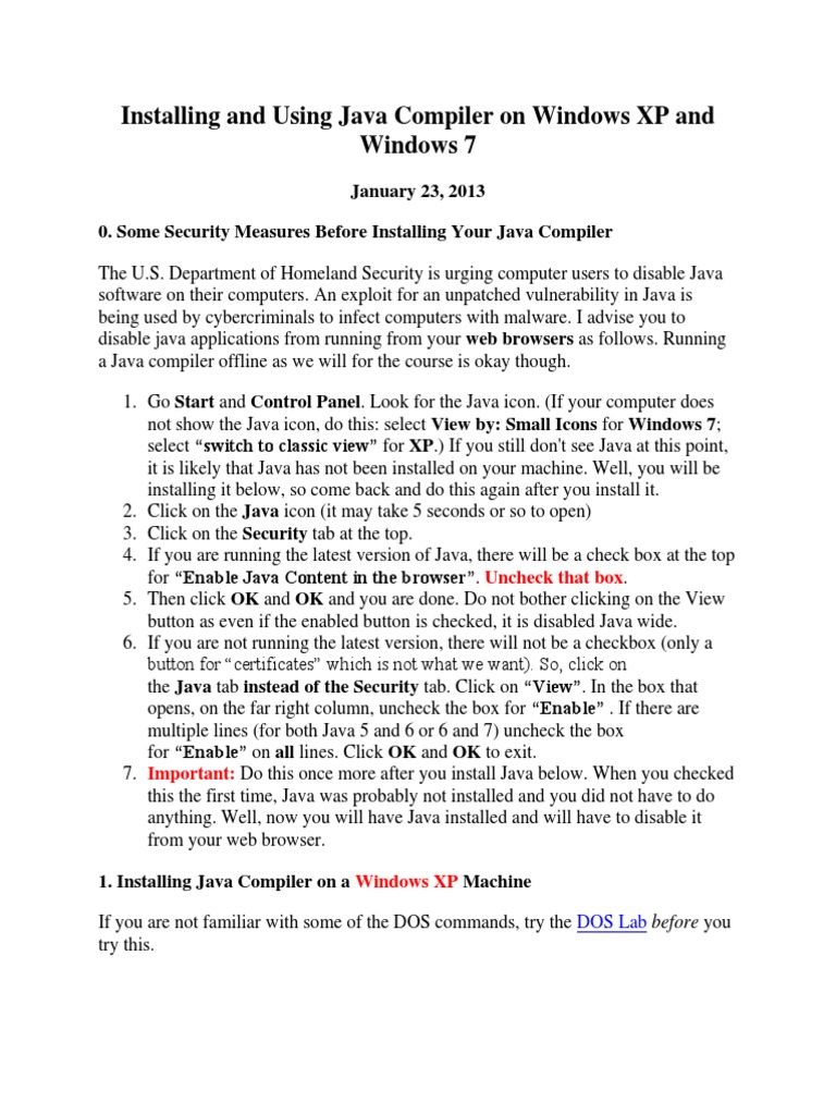 Installing and Using Java Compiler On Windows XP and Windows 7 | PDF ...