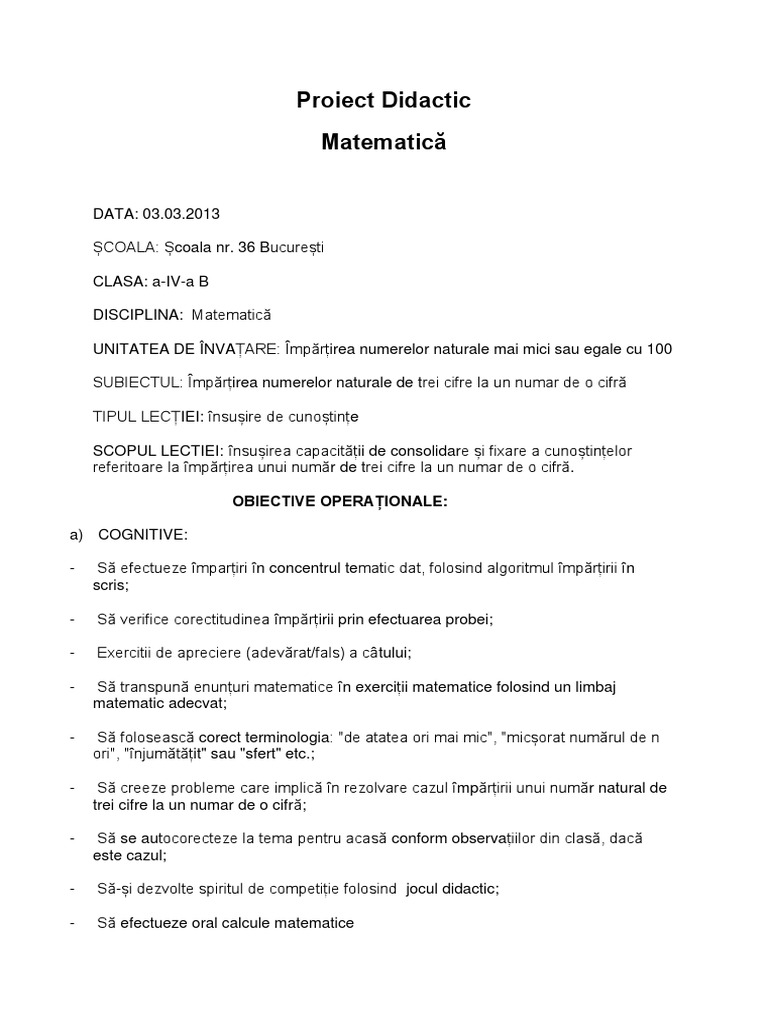 Proiect Didactic Matematica Docx