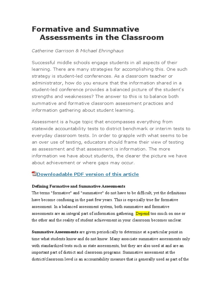 Formative and Summative Assessments in The Classroom | PDF ...