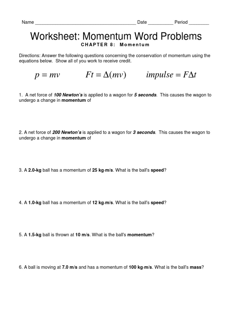 Printables Momentum Worksheet worksheet ch equation review momentum word problems pdf