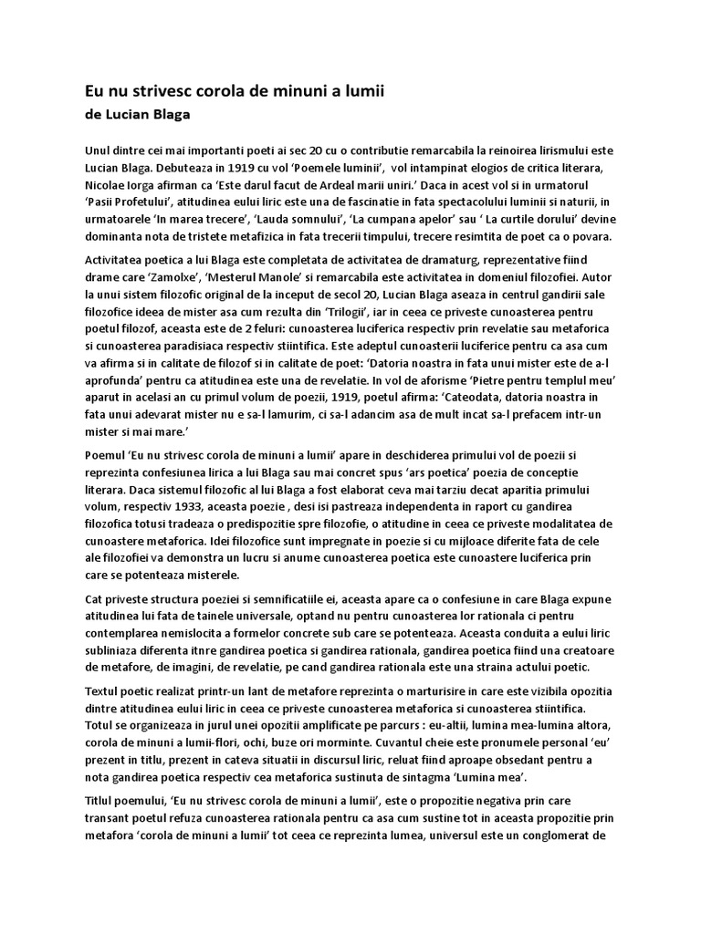 Lucian Blaga - Eu Nu Strivesc Corola de Minuni A Lumii (Comentariu