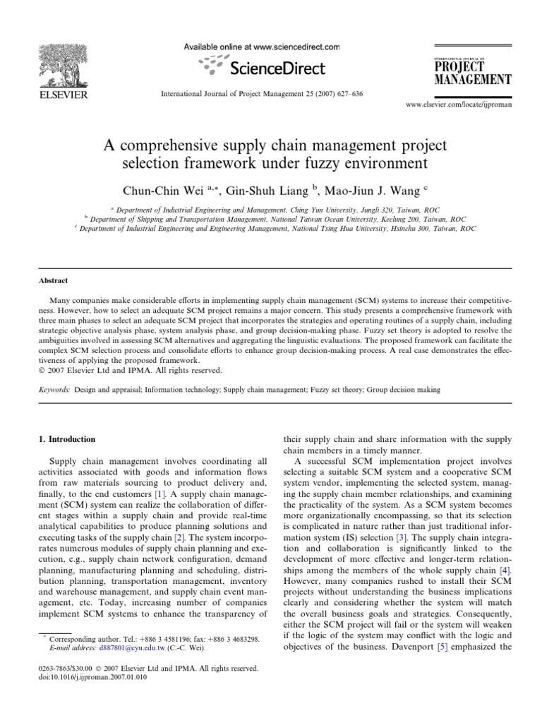 A Comprehensive Supply Chain Management Project Selection Framework