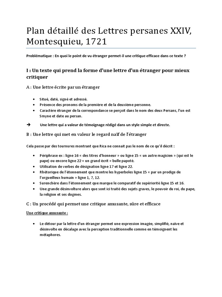 Commentaire Lettre 30 Lettres Persanes