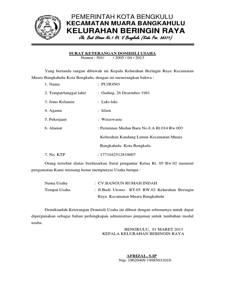 Contoh Surat Keterangan Domisili Usaha