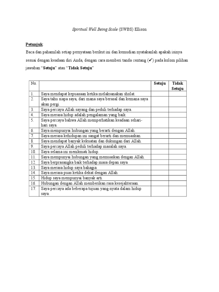 Kuesioner Spiritual Well Being Scale | PDF | Kesehatan Holistik
