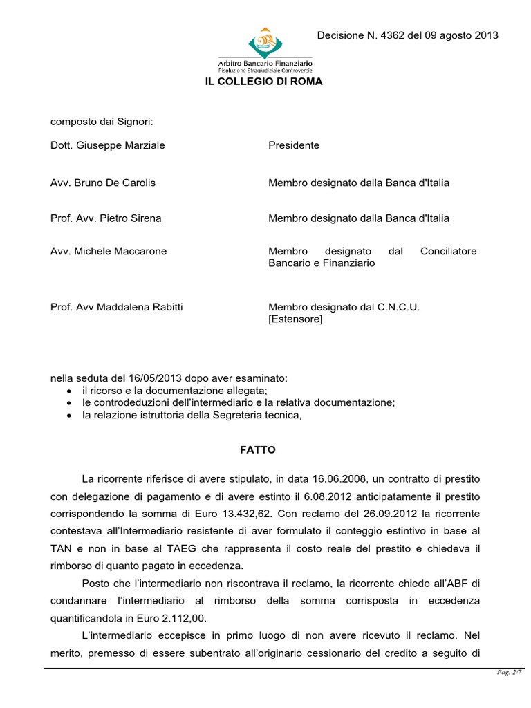 Estinzione Anticipata Finanziamento Obbligo Restituzione Spese Non Maturate Al Cliente PDF