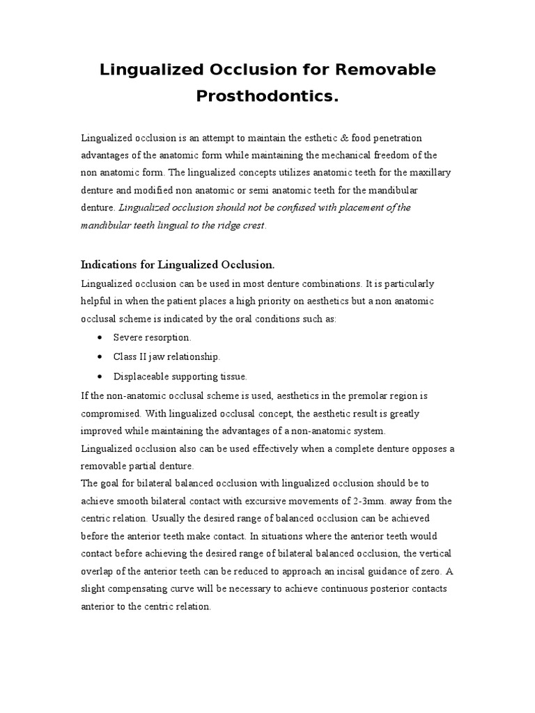 Lingualized Occlusion For Removable Prosthodontics PDF Dentures