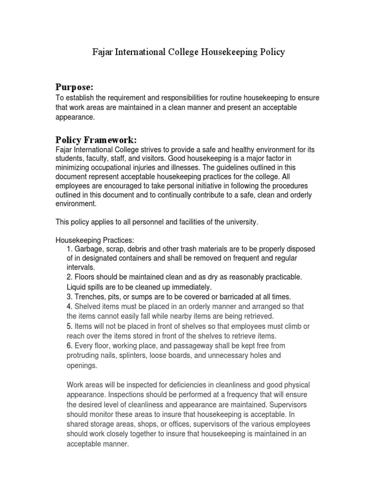 Fajar International College Housekeeping Policy | PDF