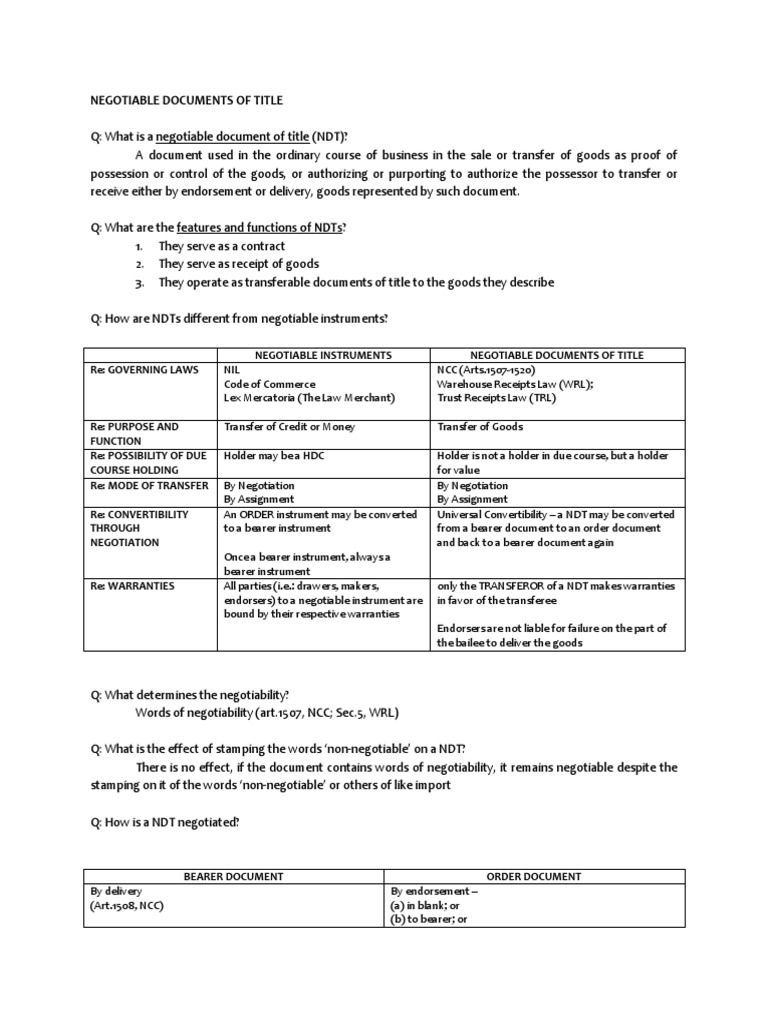 SALES Negotiable Documents of Title PDF Negotiable Instrument Lien