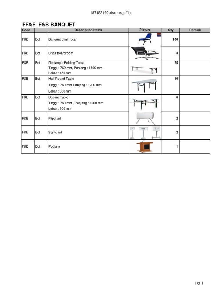 FF&E Banquet Equipment Inventory | PDF