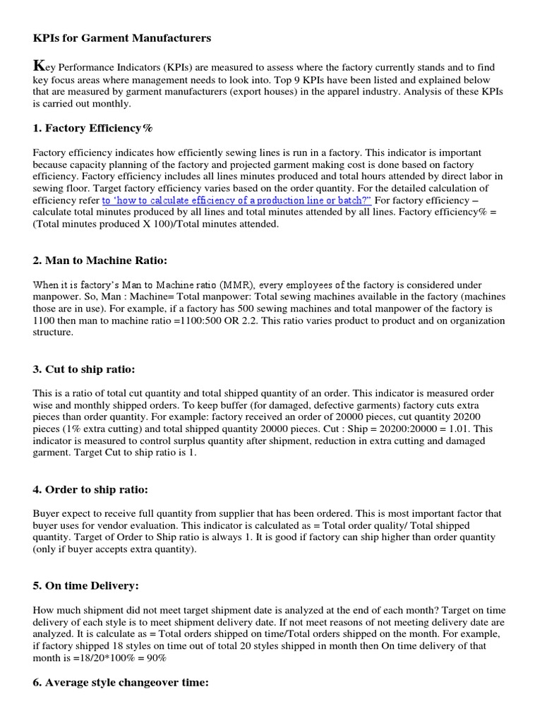 Key KPIs for Garment Manufacturing | PDF | Performance Indicator | Sewing