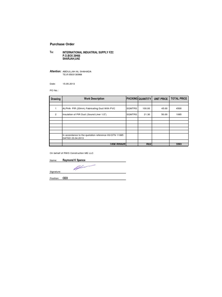 Purchase Order for Duct Fabrication | PDF