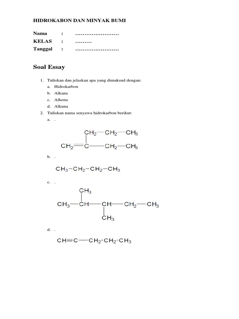 Soal Essay Hidrokabon Dan Minyak Bumi Kelas Tanggal