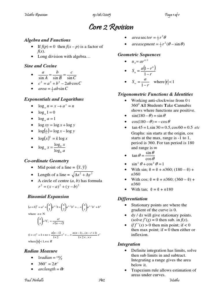 C 2 Revision Sheet | PDF