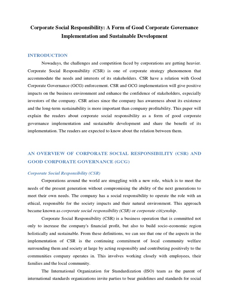 CSR and Good Governance for Sustainability | PDF | Corporate Social ...