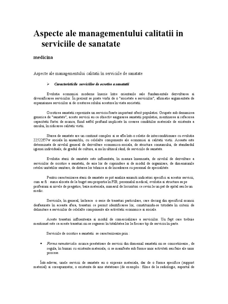Aspecte Ale Managementului Calitatii In Serviciile De Sanatate