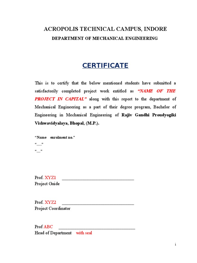 Mechanical Engineering Project Certificate | PDF | Mechanical ...