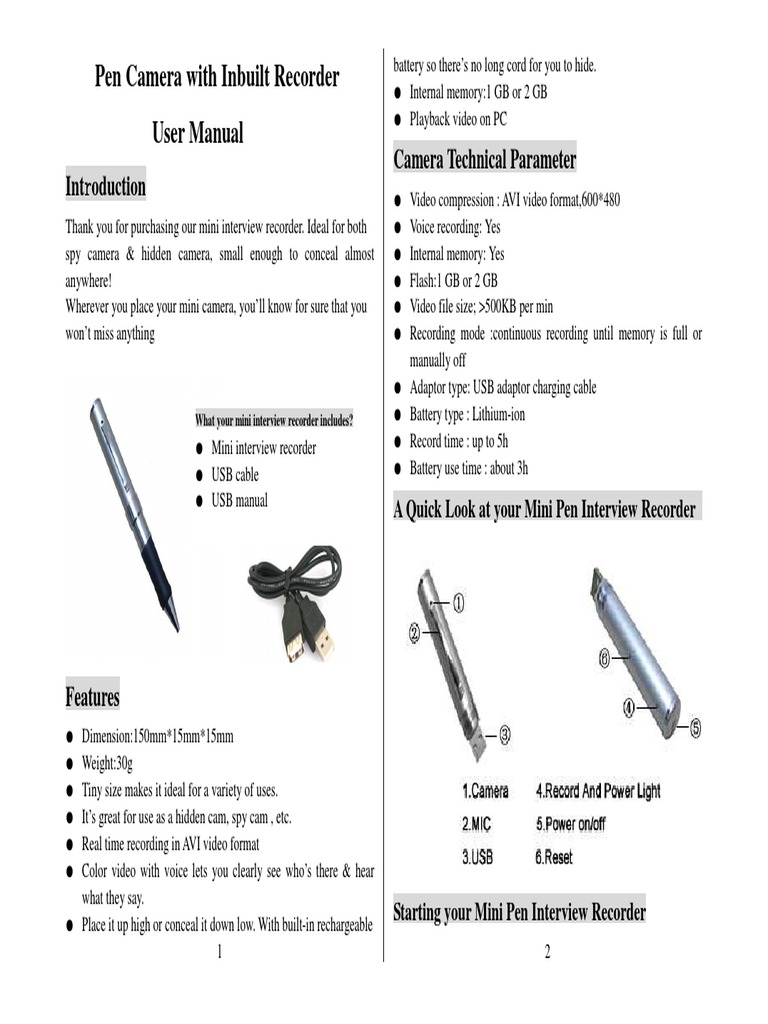 Pen Camera with Inbuilt Recorder User Manual rr roduction