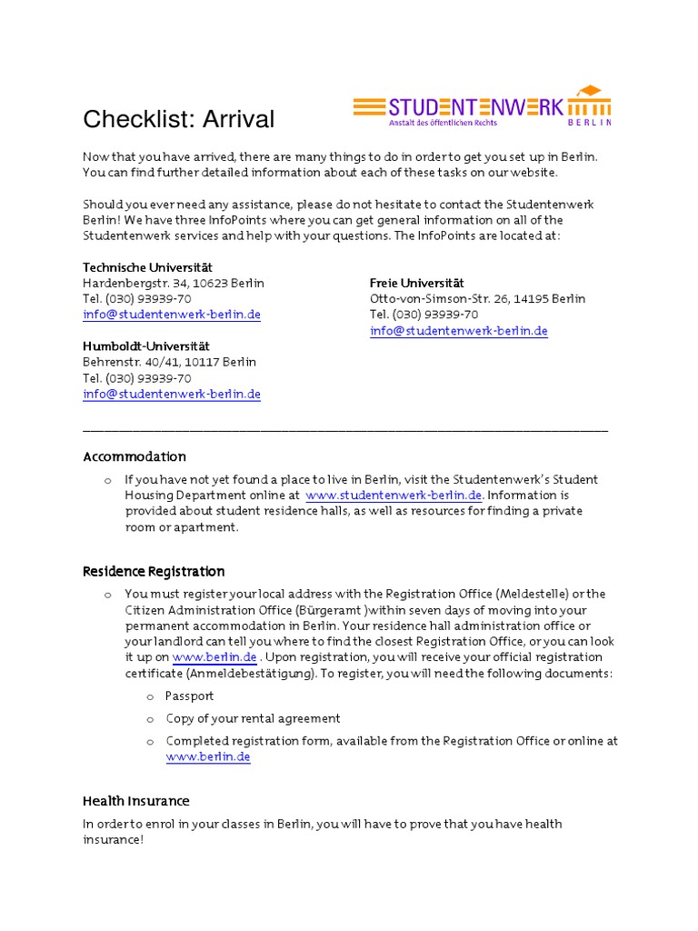 Studentwerk Berlin Arrival Checklist | PDF | Identity Document ...
