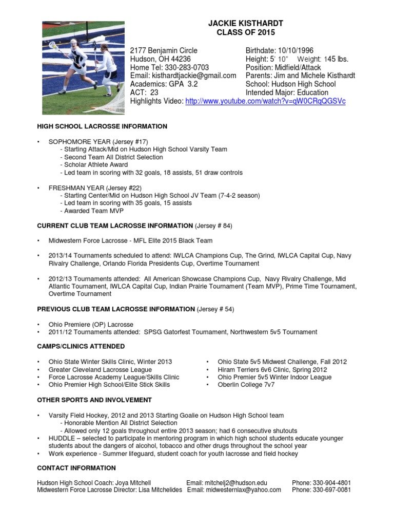 Jackie Kisthardt Lacrosse Resume PDF Lacrosse Tournament