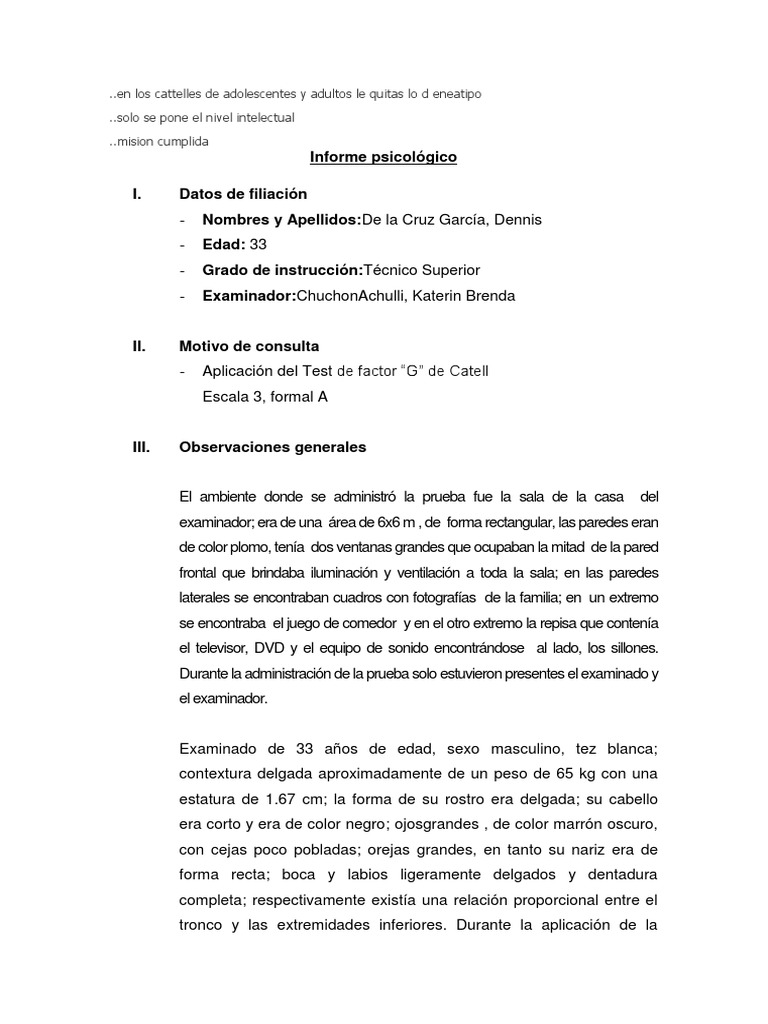 Informe del Test de Cattell Escala 3 | PDF | Estudios de idiomas ...