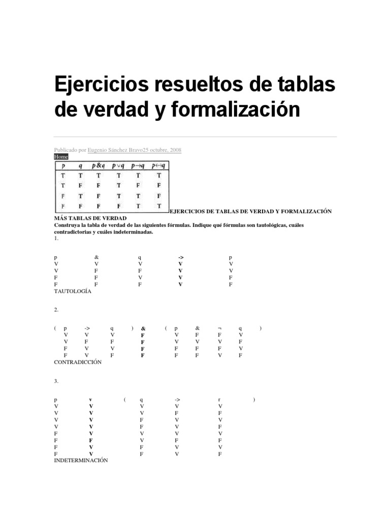 Ejercicios resueltos de tablas de verdad y formalización Lógica matemática Verdad