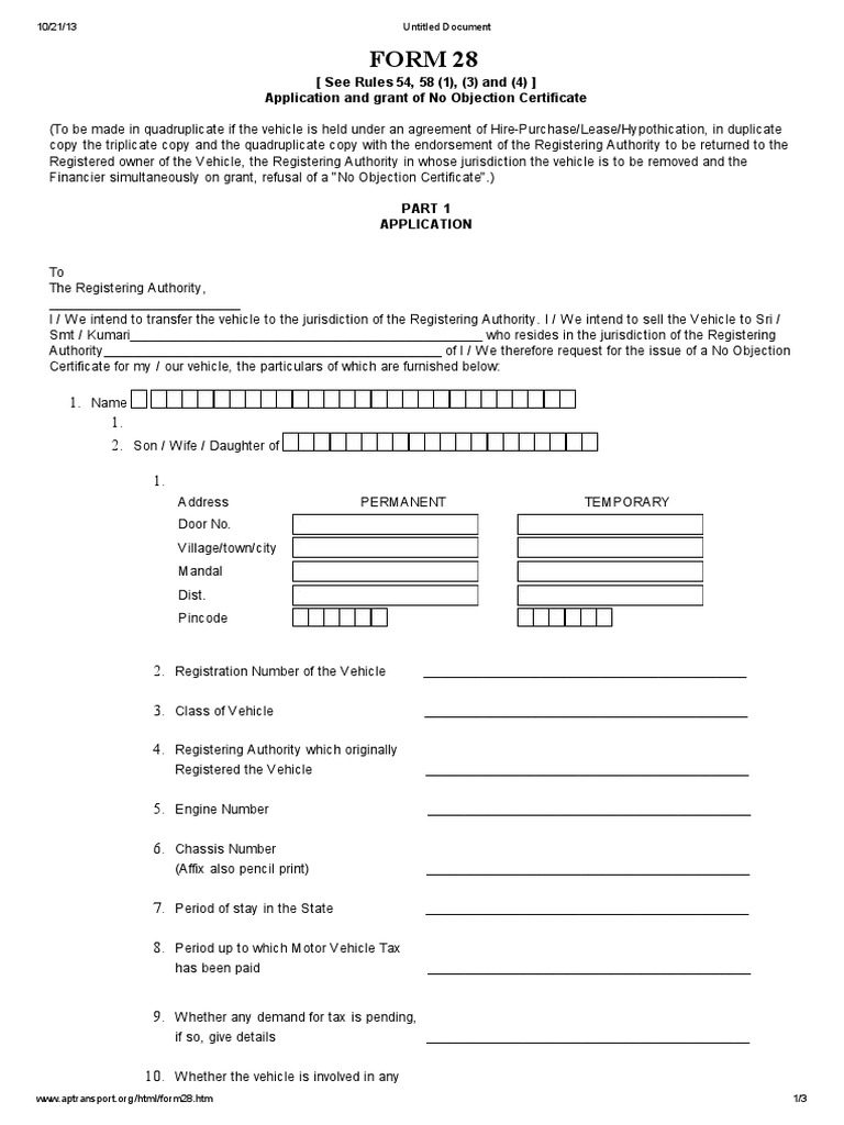 Form 28 For NOC PDF Vehicles Lease