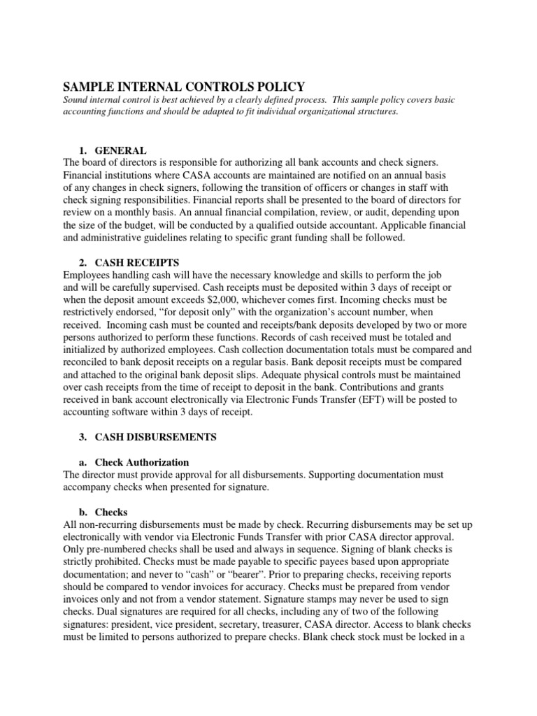Sample Internal Controls Policy 1. General PDF Cheque Internal Control