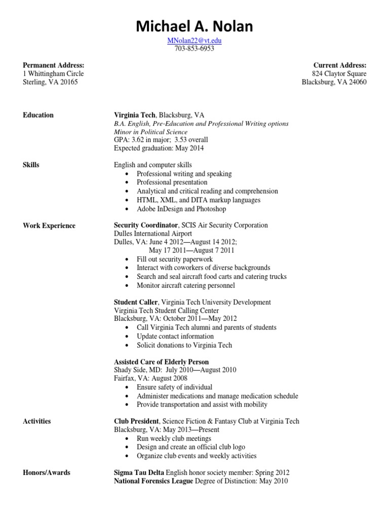 Virginia Tech Resume of Michael Nolan | PDF
