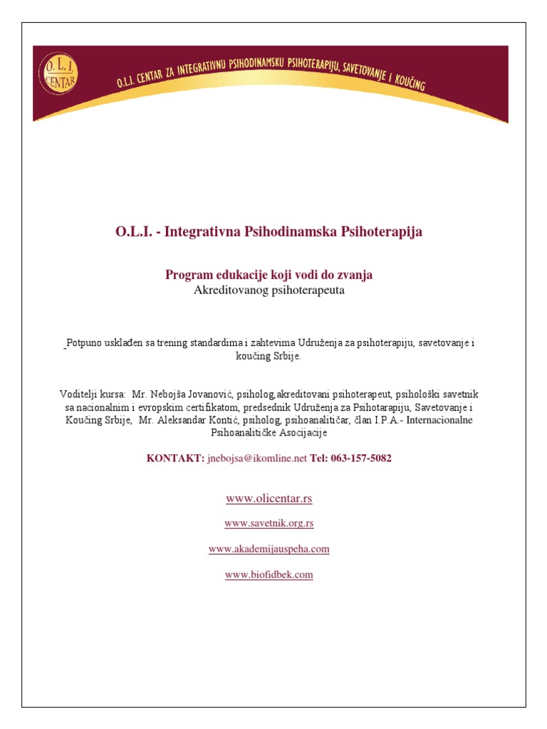 Program Edukacije Iz O.L.I. - Integrativne Psihodinamske Psihoterapije ...