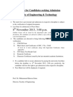 8 November 2013, 3:00 P.M.: Instructions For Candidates Seeking Admission in Faculty of Engineering & Technology