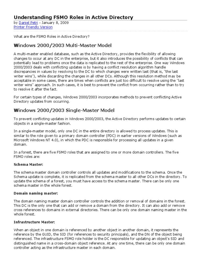 FSMO Roles in Active Directory Explained | PDF | Active Directory ...