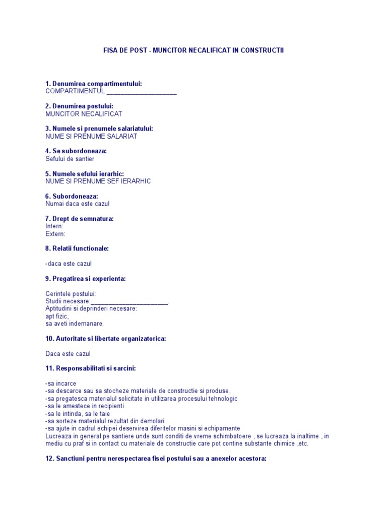 Muncitor Necalificat Constructii Fisa de Post - Muncitor Necalificat in Constructii | PDF