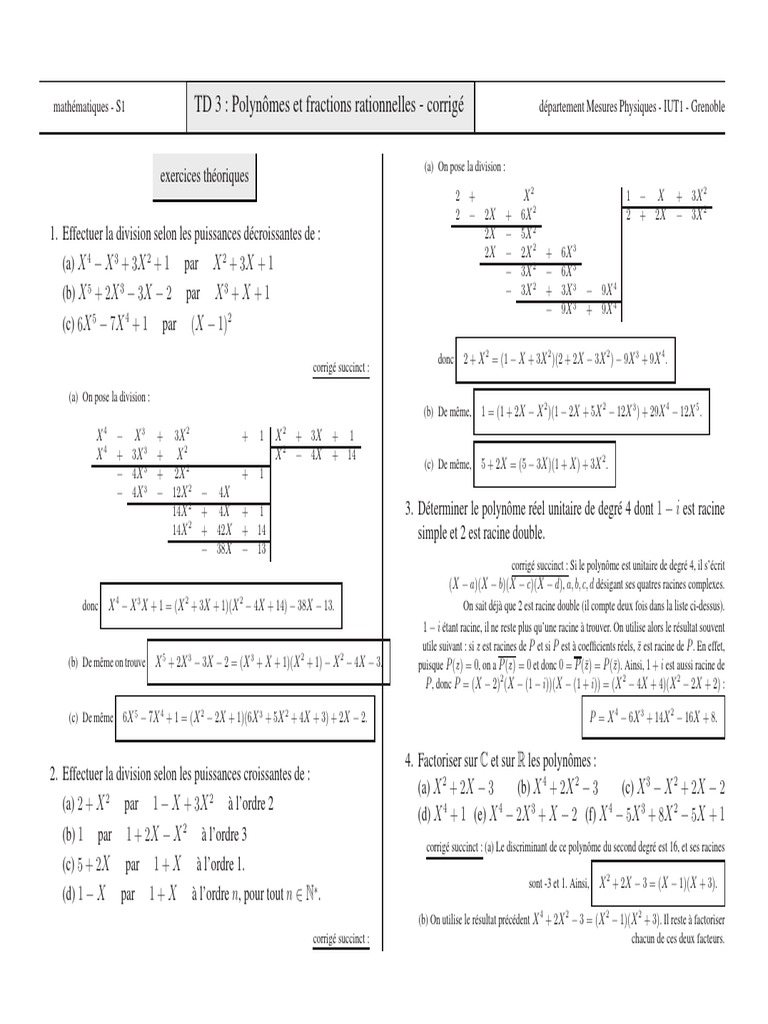 Exercices Corrigés : Polynômes et Fractions | PDF | Polynôme | Algèbre ...