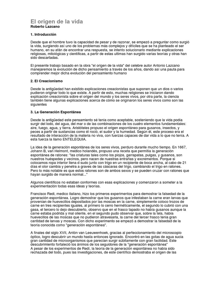 El Origen de La Vida - Antonio Lazcano | PDF