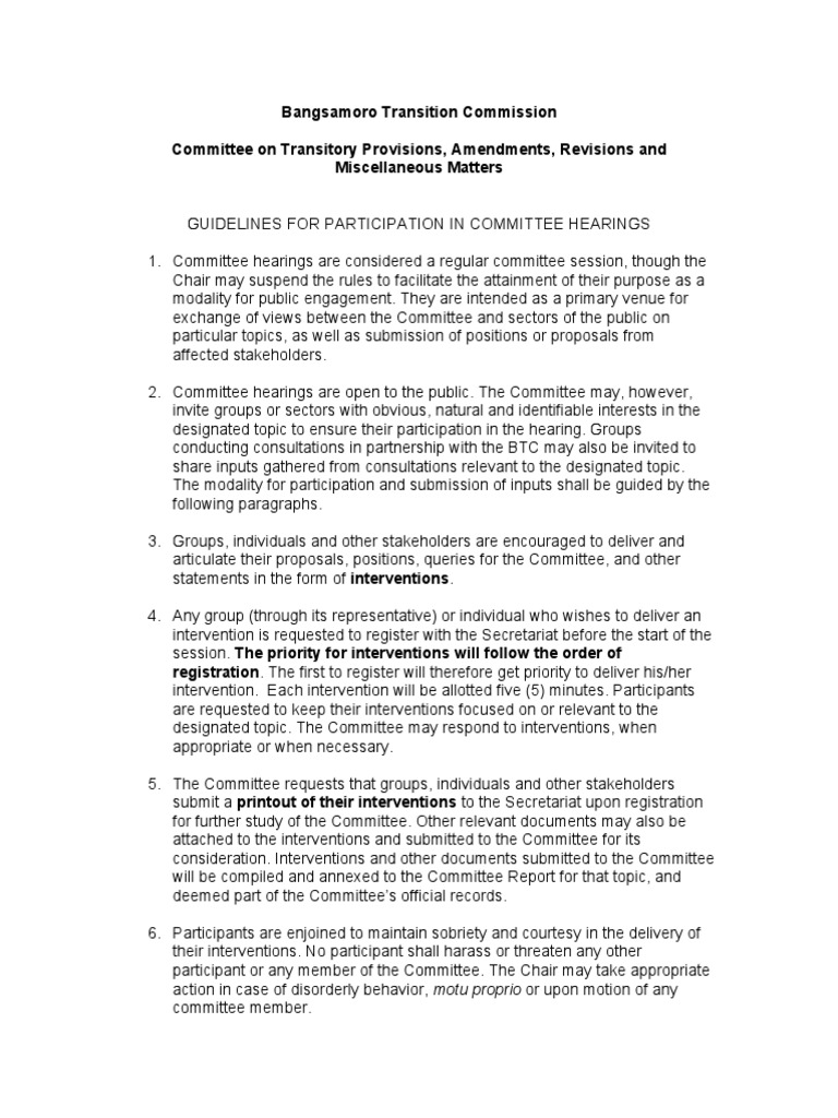 Guidelines For Participation in Committee Hearings | PDF