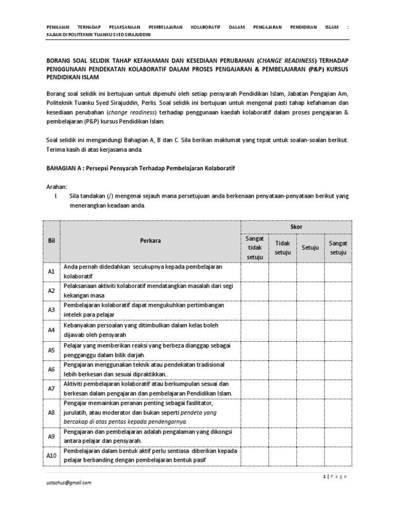 Borang Soal Selidik Tahap Kefahaman Dan Kesediaan Perubahan Kolaboratif Docx
