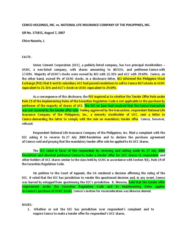 Cemco Holdings Vs National Life Insurance Company Digest PDF Public