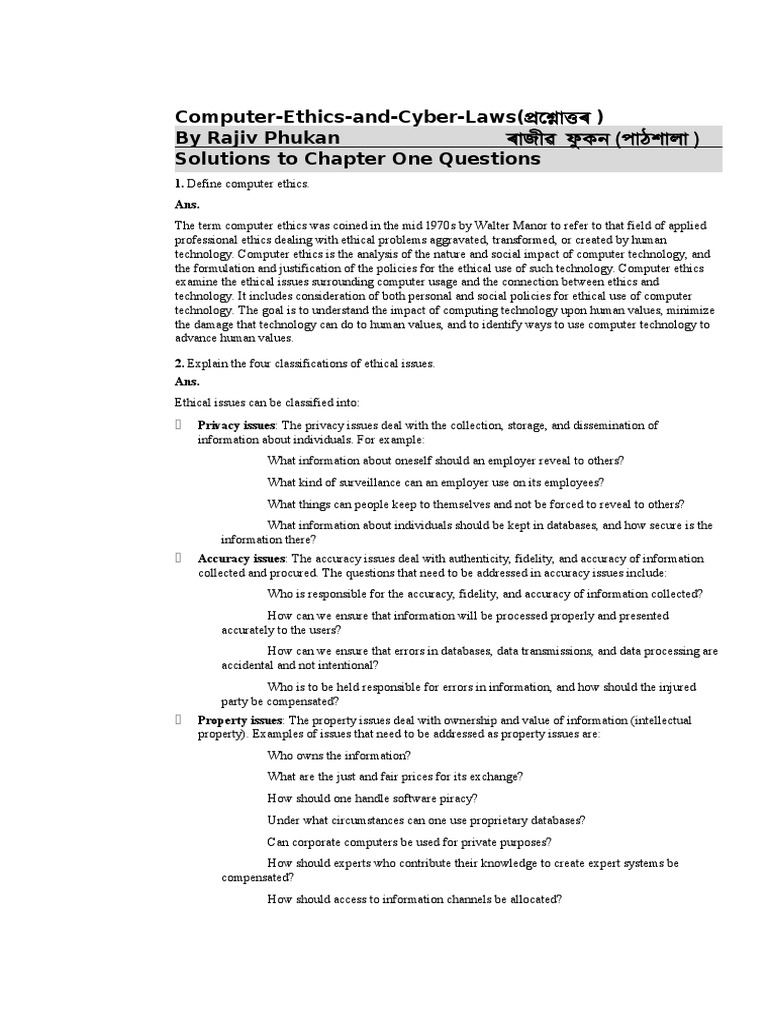 BSCIT 6th Sem Exercise Answer Computer Ethics and Cyber Laws | PDF