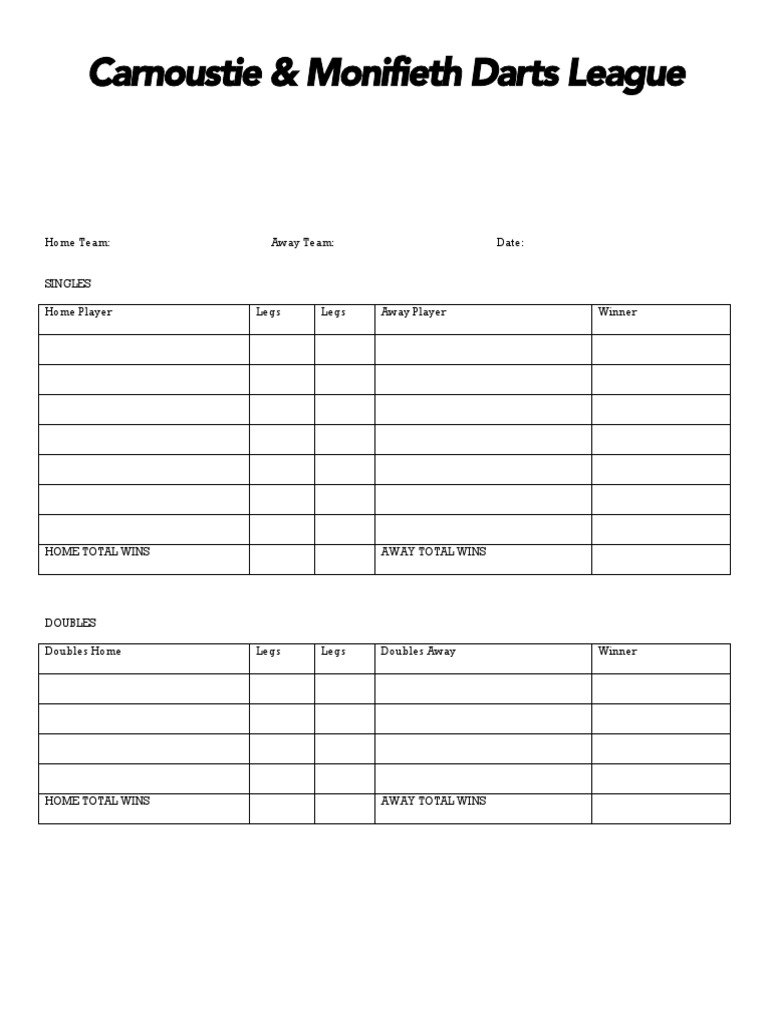Darts Scoresheet PDF | PDF for Free Printable Dart Score Sheets