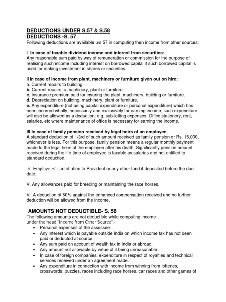 Deductions Under S.57 & S.58 Deductions - S. 57: Ii in | PDF | Expense ...