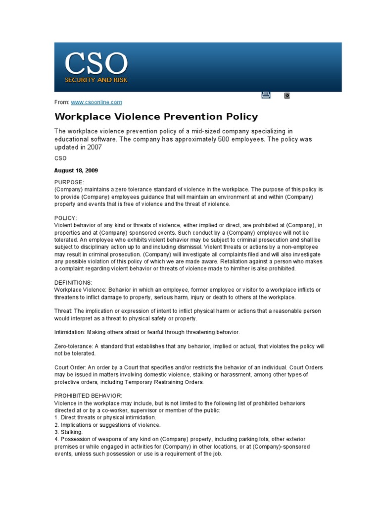 Workplace Violence Prevention Policy | PDF | Intimidation | Violence