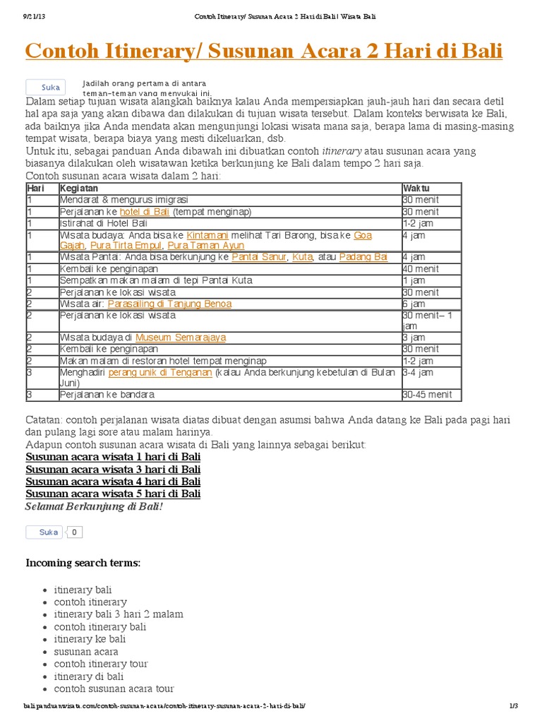 Contoh Itinerary Susunan Acara 2 Hari Di Bali Wisata Bali