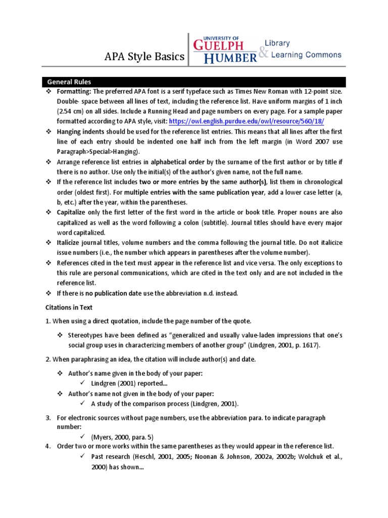 APA Style Basics Handout Citation Typefaces