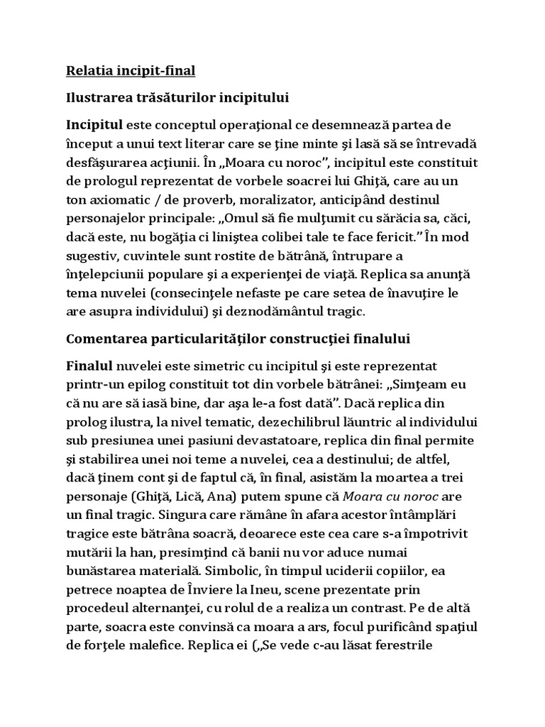 Relatia Dintre Doua Personaje Moara Cu Noroc Relatia Incipit Final (Moara Cu Noroc) | PDF